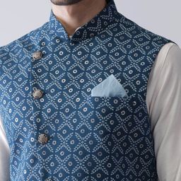 KISAH Ethnic Motifs Printed Nehru Jacket with Pocket Square image 2