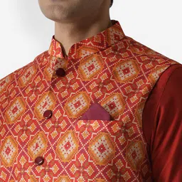 KISAH Men Red Woven Design Nehru Jacket image 3