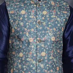 Anouk Blue Mandarin Collar Regular Kurta with Pyjamas & Nehru Jacket image 2