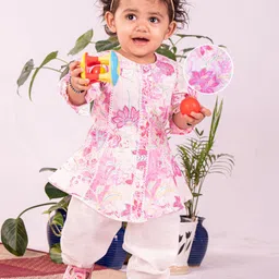 VASTRAMAY Girls Floral Printed Regular Pure Cotton Kurta with Trousers-image-21