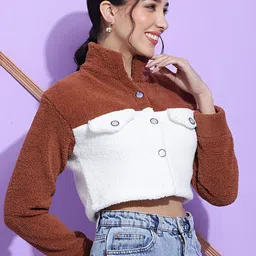 SQew Colourblocked Faux Fur Trim Lightweight Crop Open Front Jacket image 3