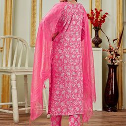 ARADHNA Floral Printed Thread Work Straight Kurta With Trousers & Dupatta image 4