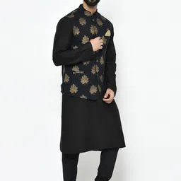 KISAH Mandarin Collar Regular Kurta with Churidar with Printed Nehru Jacket image 4
