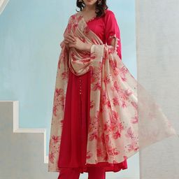 Khushal K Floral Round Neck Short Sleeves Kurta with Palazzos & With Dupatta-image-83