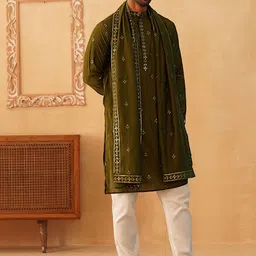 Jompers Men Ethnic Motifs Embroidered Regular Sequinned Kurta with Pyjamas & With Dupatta image 4