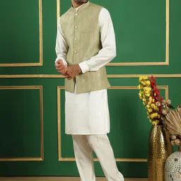 Anouk Green & Off White Embroidered Regular Sequinned Kurta with Pyjamas image 4