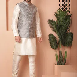 Anouk Mandarin Collar Woven Design Nehru Jacket With Kurta & Pyjama image 4