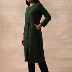 W Teal Green Round Neck Pure Wool Regular A-Line Kurta image 4