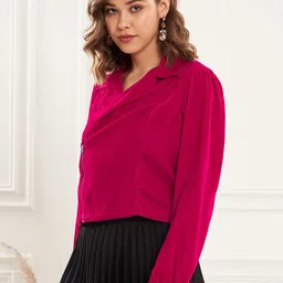 Antheaa Pink Lapel Collar Long Sleeve Velvet Tailored Jacket image 4