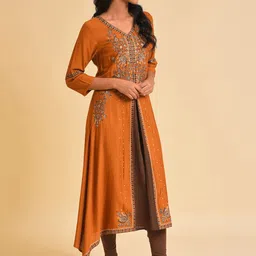 W Rust & Brown Ethnic Motifs Printed Sequined Layered A-Line Kurta image 5