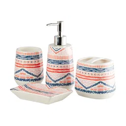 Kookee White & Red 4 Pieces Abstract Printed Ceramic Bath Accessories Set image 4