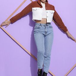 SQew Colourblocked Faux Fur Trim Lightweight Crop Open Front Jacket image 5