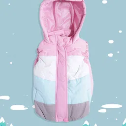 YK Infant Girls Pink & White Colourblocked Padded Hooded Jacket-image-47
