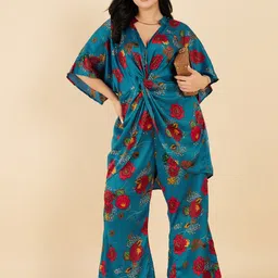 Antheaa Curve Plus Size Floral Printed V-Neck Satin Top & Trouser image 3