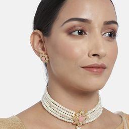 I Jewels White & Pink Gold-Plated Pearls & CZ Studded Jewellery Set-image-17