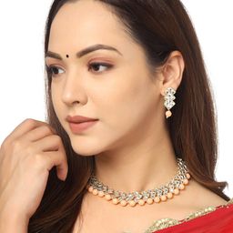 Yellow Chimes Gold-Plated Peach & White Kundan Studded & Beaded Choker Jewellery Set-image-52