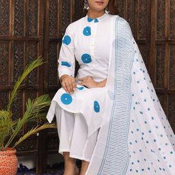 PARTHVI Women Printed Regular Thread Work Pure Cotton Kurta with Trousers & With Dupatta image 4