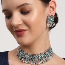 Anouk Silver-Toned & Blue Silver-Plated Stone-Studded Jewellery Set-33