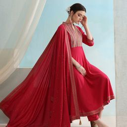 Khushal K Floral Yoke Design Regular Kurta with Trousers & Dupatta-2