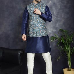 Anouk Blue Mandarin Collar Regular Kurta with Pyjamas & Nehru Jacket image 1