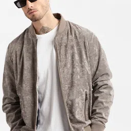 SHOWOFF Abstract Printed Stand Collar Fleece Windcheater Bomber Jacket-29