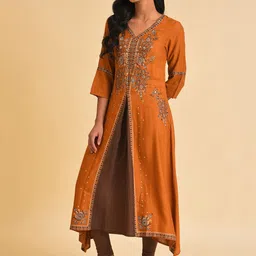 W Rust & Brown Ethnic Motifs Printed Sequined Layered A-Line Kurta image 2