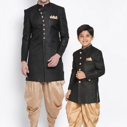 VASTRAMAY Self Design Mandarin Collar Long Sleeve Jute Cotton Kurta With Dhoti Pants-picture-19
