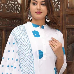PARTHVI Women Printed Regular Thread Work Pure Cotton Kurta with Trousers & With Dupatta image 5