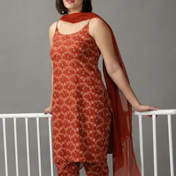 DIVINATION Floral Printed Pure Cotton Kurta with Trousers & With Dupatta image 3