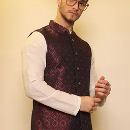 House of Pataudi Jacquard Woven Design Nehru Jacket-30