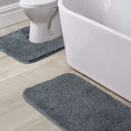 OBSESSIONS Set Of 2 Grey Solid 1400 GSM Anti-Skid Bath Rug & Contour Mat-34