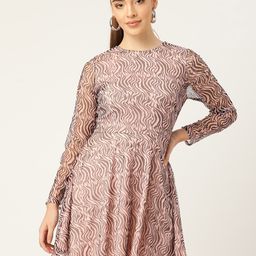 DODO & MOA Women Pink & Black Animal Printed Round Neck Net Fit & Flare Dress-image-58