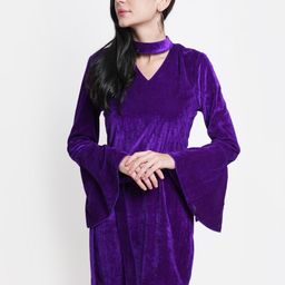 DODO & MOA Purple Solid Choker Neck Velvet Dress-image-90