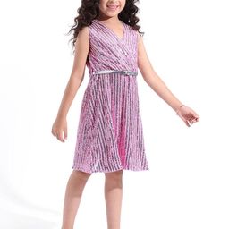 Hola Bonita Girls Striped Sequined Embellished Net Dress With Belt-picture-4