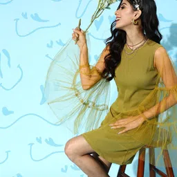 SASSAFRAS Gorgeous Green Solid Net Dress-image-51