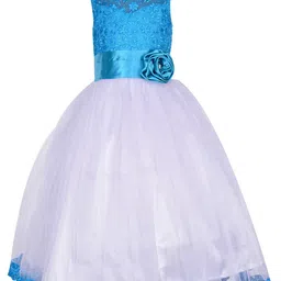 Samsara Couture Kids Girls Blue And White Floral Embroidered Floral Applique Net Dress-image-96