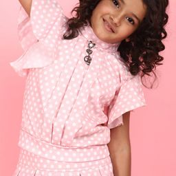 V-Mart Girls Printed High Neck Flutter Sleeves Satin Top with Skirt-image-55