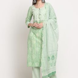 KALINI Women Green Ethnic Motifs Printed Mirror Work Pure Cotton Kurta with Trousers & With Dupatta-picture-51