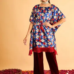 Shae by SASSAFRAS Floral Printed Velvet High Low Kaftan Kurta-image-18