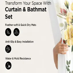 Kuber Industries White & Yellow 3 Floral Printed Bathroom curtain and Bathrugs-0