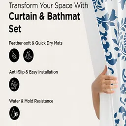Kuber Industries White & Blue 3 Pieces Floral Printed Shower Curtain & Bathmat Set-picture-16