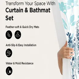 Kuber Industries White & Blue 3 Pieces Floral Printed Bathroom curtain and Bathrugs-73