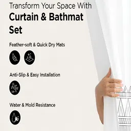 Kuber Industries White & Grey 3 Pieces Geometric Shower Curtain & Bathmat Set-picture-56