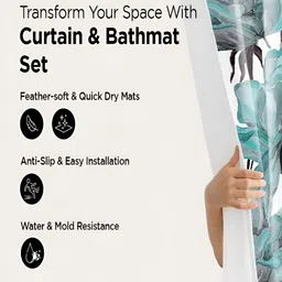 Kuber Industries White & Blue 3 Pieces Floral Printed Bathroom curtain and Bathrugs-72
