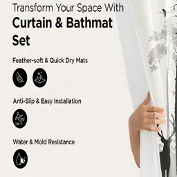 Kuber Industries Off White & Black 3 Pieces Floral Printed Bathroom curtain and Bathrugs-89