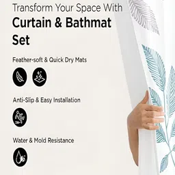 Kuber Industries White & Blue 3 Pieces Floral Printed Shower Curtain & Bathmat Set-picture-54