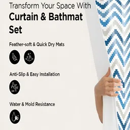 Kuber Industries White & Blue 3 Pieces Geometric Shower Curtain & Bathmat Set-picture-34