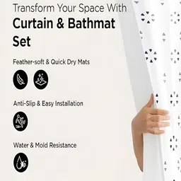 Kuber Industries White & Black 3 Pieces Geometric Printed Bathroom curtain and Bathrugs-27