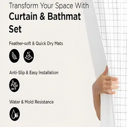 Kuber Industries White & Black 3 Pieces Striped Bathroom curtain and Bathrugs-88