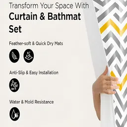 Kuber Industries White & Yellow 3 Pieces Geometric Shower Curtain & Bathmat Set-picture-49